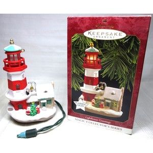 Hallmark Ornament 1997 Lighthouse Greetings 1 Flashing Light, Tree & House WORKS